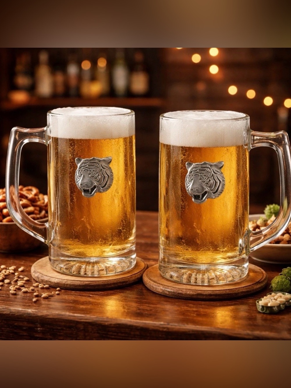 Vintage Pewter Tiger Medallion Beer Stein Mug Set Glass Barware 12 oz